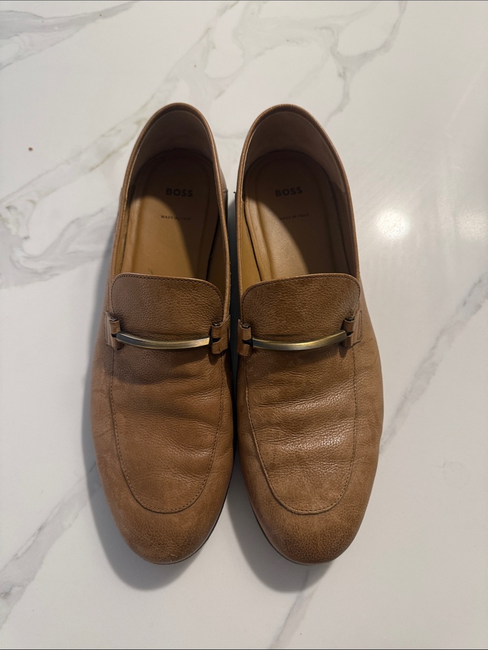 Boss Tan Leather Slip-On Loafers with Metal Bit